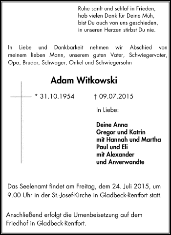 Traueranzeige von Adam Witkowski von Stadtspiegel Gladbeck