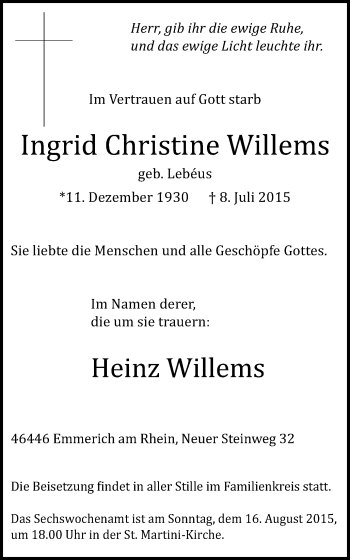 Traueranzeige von Ingrid Christine Willems von Stadtanzeiger Emmerich/Rees/Isselburg