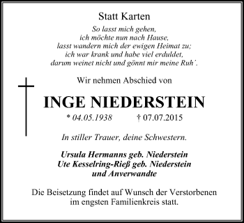 Traueranzeige von Inge Niederstein von Niederrhein-Anz. Dinsl./Voerde/Hünxe