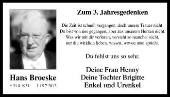 Traueranzeige von Hans Broeske von Stadtanz.Castrop-Rauxel