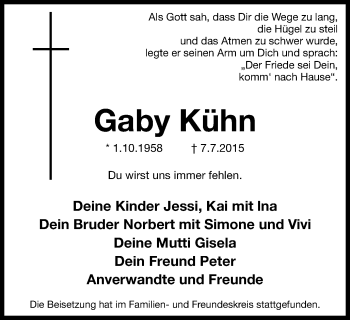 Traueranzeige von Gaby Kühn von Stadtspiegel Bottrop