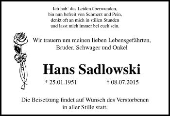 Traueranzeige von Hans Sadlowski von Stadtspiegel Bottrop