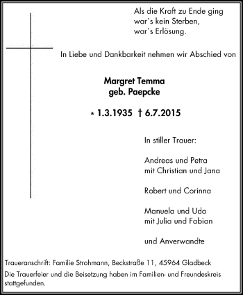 Traueranzeige von Margret Temma von Stadtspiegel Gladbeck