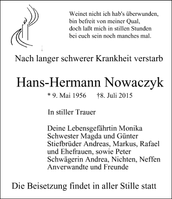 Traueranzeige von Hans-Hermann Nowaczyk von Stadtspiegel Wattenscheid