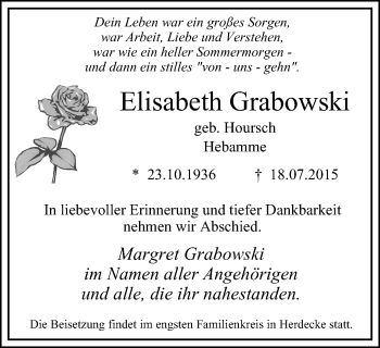 Traueranzeige von Elisabeth Grabowski von Wochen-Anzeiger Oberhausen