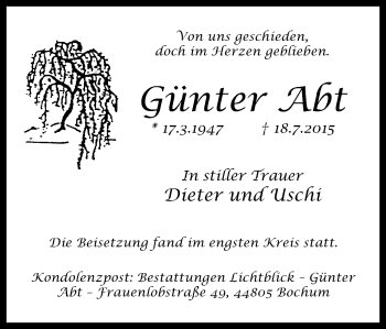 Traueranzeige von Günter Abt von WVW Anzeigenblätter