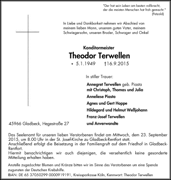 Traueranzeige von Theodor Terwellen von Stadtspiegel Gladbeck