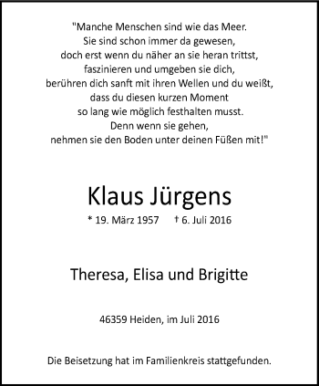 Traueranzeige von Klaus Jürgens von Wochen-Anzeiger Oberhausen