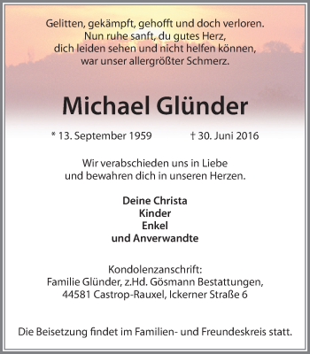 Traueranzeige von Michael Glünder von Stadtanz.Castrop-Rauxel