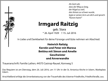 Traueranzeige von Irmgard Raitzig von Stadtanz.Castrop-Rauxel