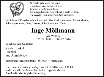 Traueranzeige von Inge Möllmann von Wochen-Anzeiger Oberhausen