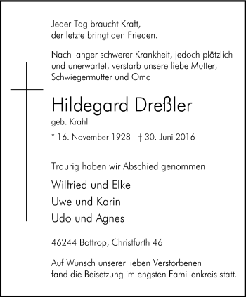 Traueranzeige von Hildegard Dreßler von Stadtspiegel Bottrop