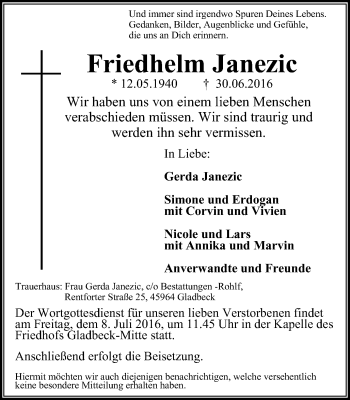 Traueranzeige von Friedhelm Janezic von Stadtspiegel Gladbeck