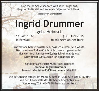 Traueranzeige von Ingrid Drummer von Mülheimer Woche