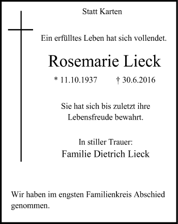 Traueranzeige von Rosemarie Lieck von Stadtspiegel Hattingen/Niedersprockhövel