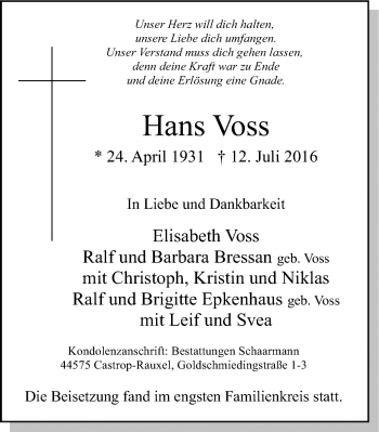 Traueranzeige von Hans Voss von Stadtanz.Castrop-Rauxel