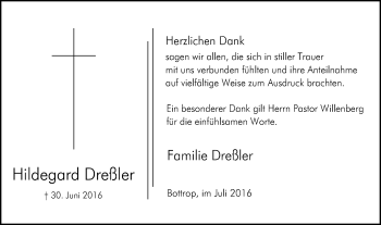 Traueranzeige von Hildegard Dreßler von Stadtspiegel Bottrop