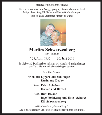 Traueranzeige von Marlies Schwarzenberg von Stadtanzeiger Emmerich/Rees/Isselburg