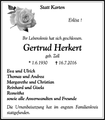 Traueranzeige von Gertrud Herkert von Lüner Anzeiger