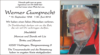 Traueranzeige von Werner Gumprecht von Stadtspiegel Hattingen/Niedersprockhövel