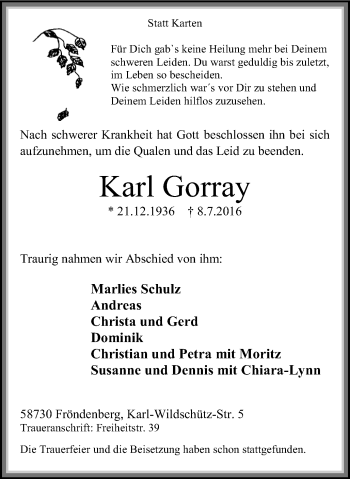 Traueranzeige von Karl Gorray von Stadtspiegel Menden + Froendenberg