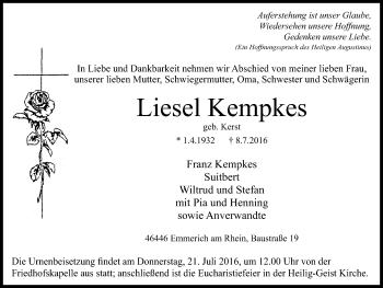 Traueranzeige von Liesel Kempkes von Stadtanzeiger Emmerich/Rees/Isselburg