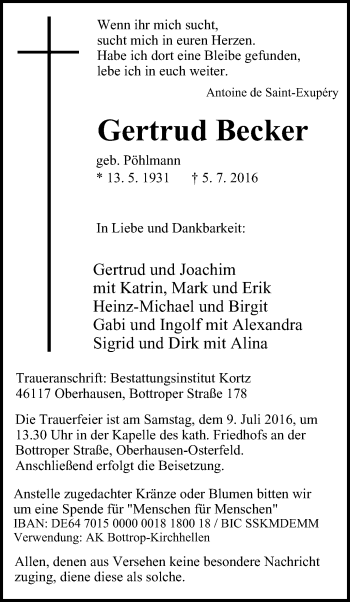 Traueranzeige von Gertrud Becker von Wochen-Anzeiger Oberhausen