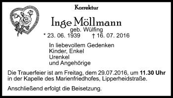 Traueranzeige von Inge Möllmann von Wochen-Anzeiger Oberhausen