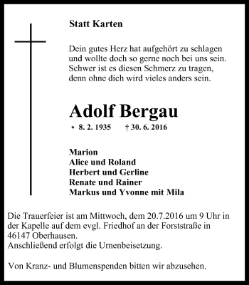 Traueranzeige von Adolf Bergau von Wochen-Anzeiger Oberhausen