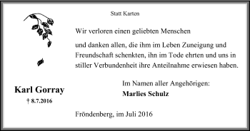 Traueranzeige von Karl Gorray von Stadtspiegel Menden + Froendenberg