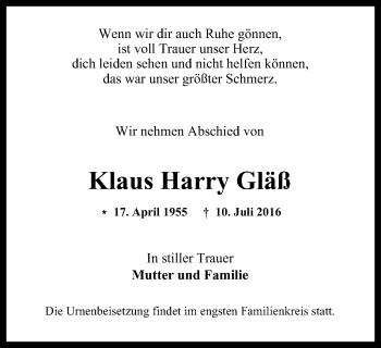 Traueranzeige von Klaus Harry Gläß von Steeler Kurier