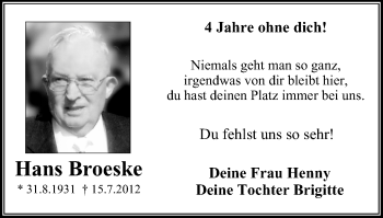 Traueranzeige von Hans Broeske von Stadtanz.Castrop-Rauxel