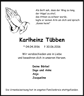Traueranzeige von Karlheinz Tübben von Stadtanz.Castrop-Rauxel