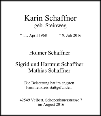 Traueranzeige von Karin Schaffner von Stadtanzeiger Velbert + Heiligenhaus