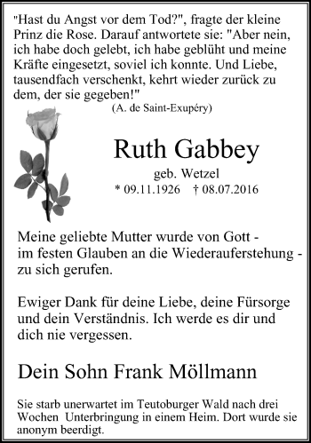 Traueranzeige von Ruth Gabbey von Stadtspiegel Bochum