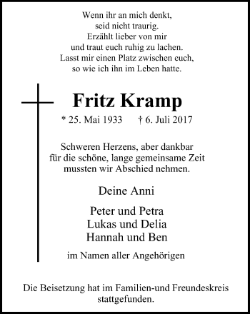 Traueranzeige von Fritz Kramp von Wochen-Anzeiger Oberhausen