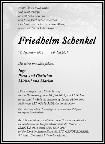 Traueranzeige von Friedhelm Schenkel von Mülheimer Woche