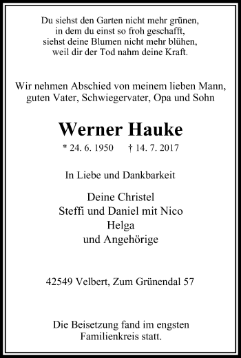 Traueranzeige von Werner Hauke von Stadtanzeiger Velbert + Heiligenhaus