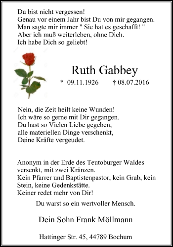 Traueranzeige von Ruth Gabbey von Stadtspiegel Bochum