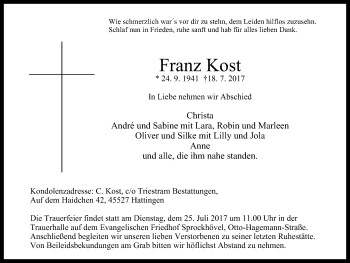 Traueranzeige von Franz Kost von Stadtspiegel Hattingen/Niedersprockhövel