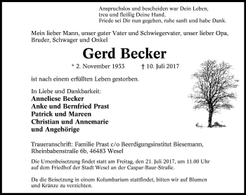 Traueranzeige von Gerd Becker von Der Weseler + Der Xantener