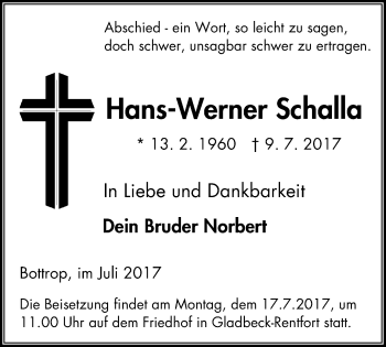 Traueranzeige von Hans-Werner Schalla von Stadtspiegel Bottrop