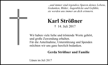 Traueranzeige von Karl Strößner von Lüner Anzeiger