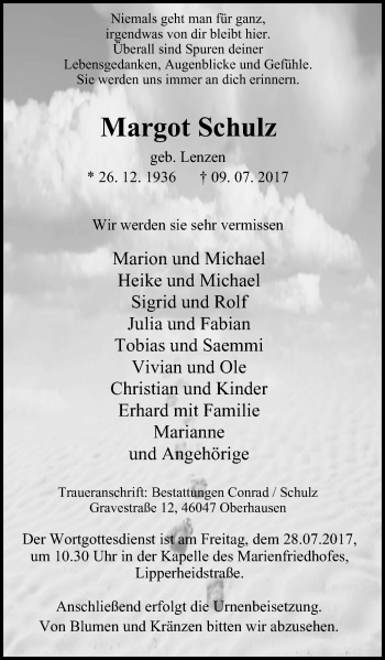 Traueranzeige von Margot Schulz von Wochen-Anzeiger Oberhausen