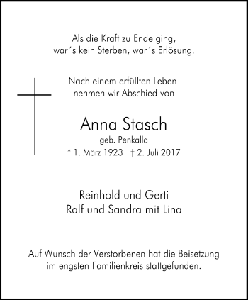 Traueranzeige von Anna Stasch von Stadtspiegel Bottrop