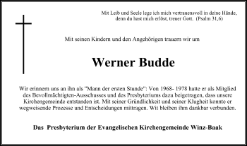 Traueranzeige von Werner Budde von Stadtspiegel Hattingen/Niedersprockhövel
