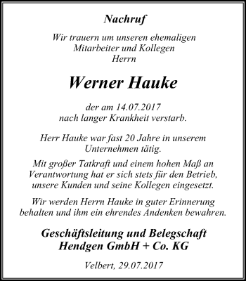 Traueranzeige von Werner Hauke von Stadtanzeiger Velbert + Heiligenhaus