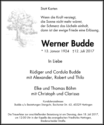Traueranzeige von Werner Budde von Stadtspiegel Hattingen/Niedersprockhövel