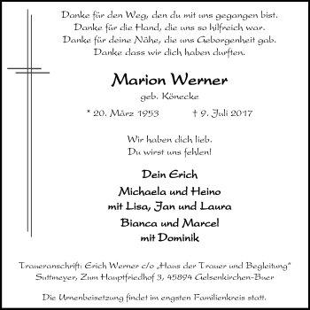 Traueranzeige von Marion Werner von Stadtspiegel Gelsenkirchen