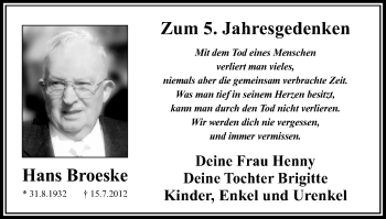 Traueranzeige von Hans Broeske von Stadtanz.Castrop-Rauxel
